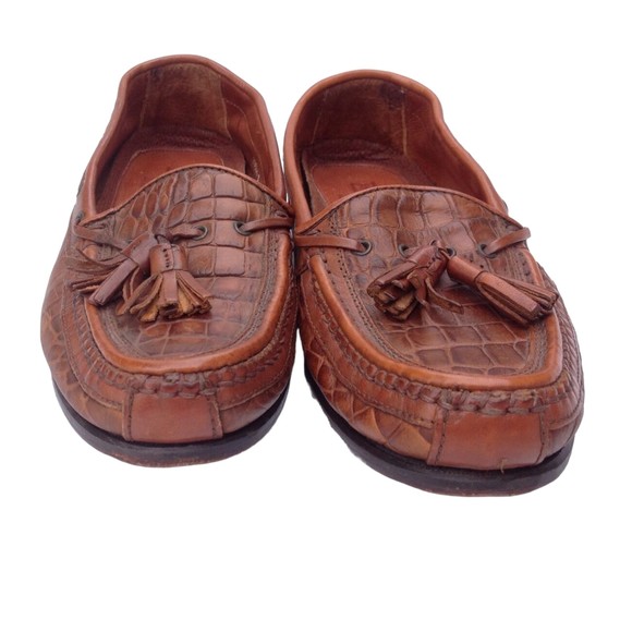 Johnston & Murphy Sz 8.5 Brown Leather Men\'s Croc Loafers Tassels Italy Slip ons main image 14